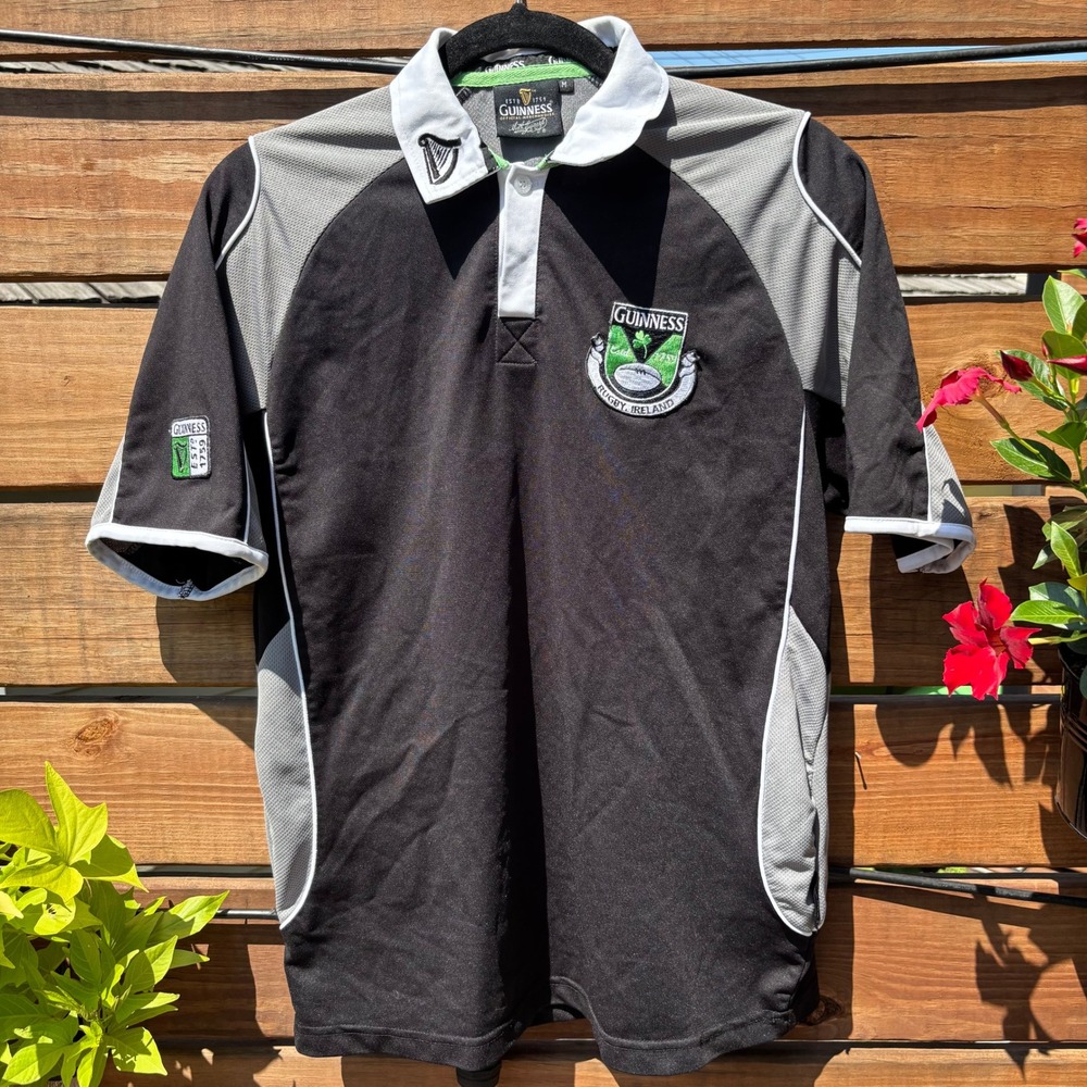 Guinness Rugby Jersey Mens Medium Black Grey Excellent Embroidered Ireland Shirt